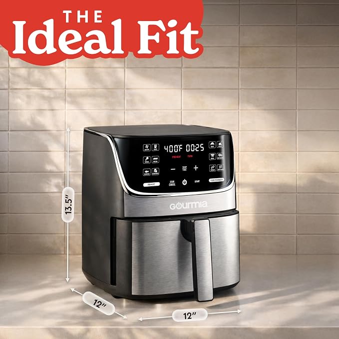 Gourmia Air Fryer - 7 Qt Capacity, LED Display, 12 One-Touch Presets, FryForce 360° Technology, Nonstick Dishwasher-Safe Basket & Crisper Tray, Stainless Steel