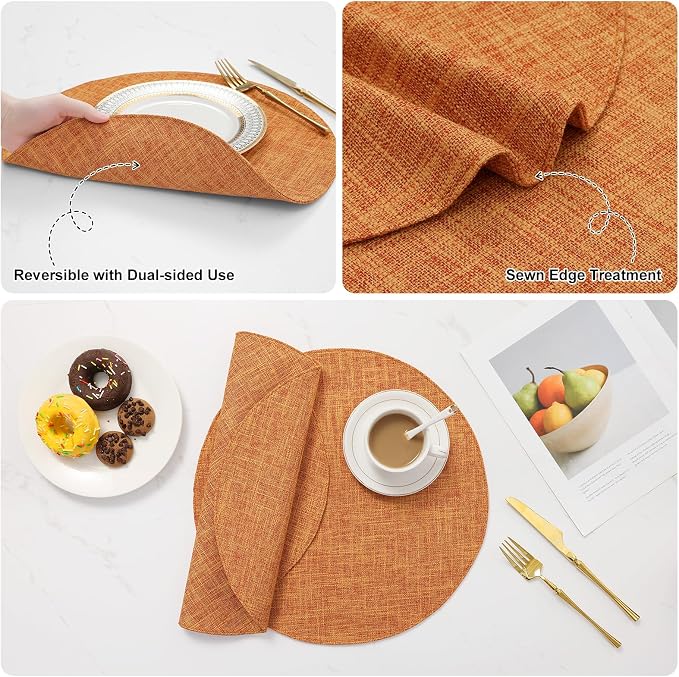Cotton Linen 15 Inch Round Cloth Place mats, Set of 6, Orange | Washable Table Mats, Heat Resistant, Reversible, Wipeable Place Mats for Indoor Outdoor