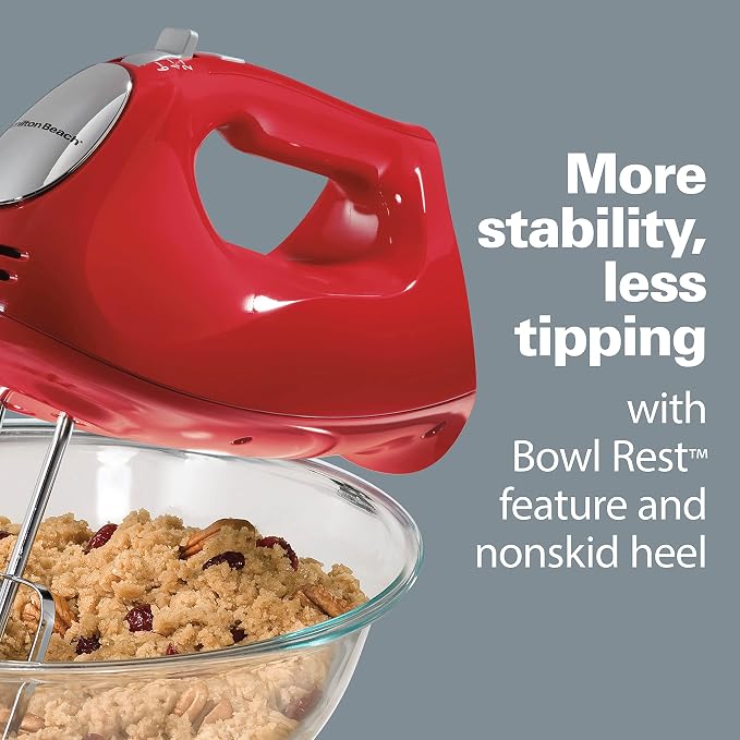 Hamilton Beach 6-Speed Electric Hand Mixer With QuickBurst and Bowl Rest | 275 Watt Motor | Traditional Beaters | Whisk | Dough Hooks | Snap-On Storage Case | Red | 62633G