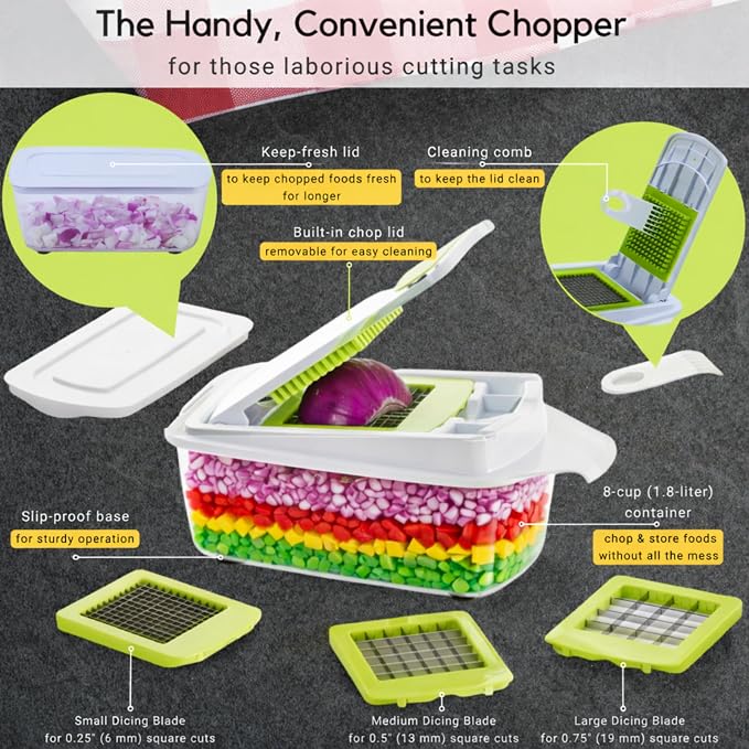 Brieftons QuickPush Manual Vegetable Chopper: 8-Cup Push-Down Onion Dicer & Food Chopper, 3 German Steel Blades, BPA-Free Container with Keep-Fresh Lid and Cleaning Comb - Manual, Dishwasher Safe