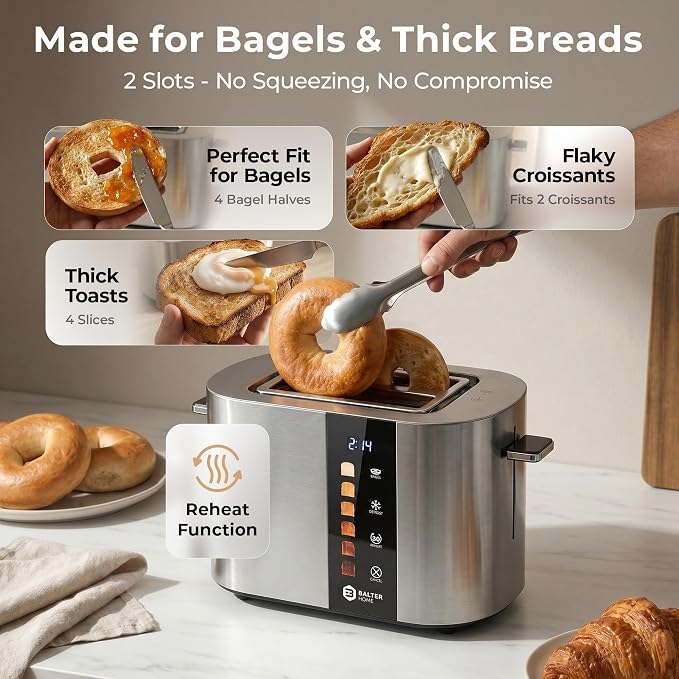 Balter Toaster 2 Slice, Bagel Function, Stainless Steel, Touch Screen, Built-in Rack, Extra-Wide 1.5" Slots for Thick Breads & Bagel, Timer, BPA-Free, Removable Tray