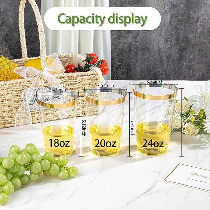 I00000 50 Pack 18 oz Gold Plastic Cups, Elegant Gold Rimmed Plastic Cups, Disposable Cocktail Glasses Wine Glasses, 18 oz Premium Tumblers Perfect for Birthday, Party & Wedding
