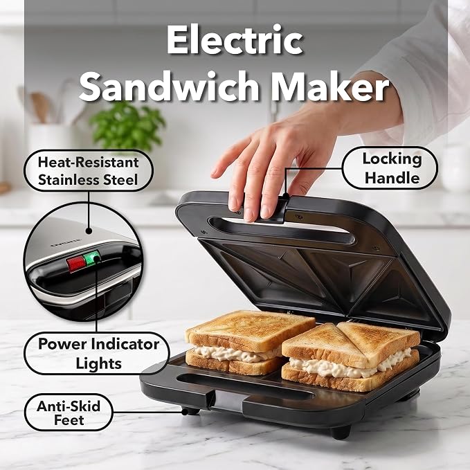 OVENTE Electric Sandwich Maker, 750W Non-Stick Plates, Black GPS401B | Perfect for Grilled Cheese, Tuna Melts, Omelets, French Toast, Breakfast Favorites, Light Meals, and Snacks