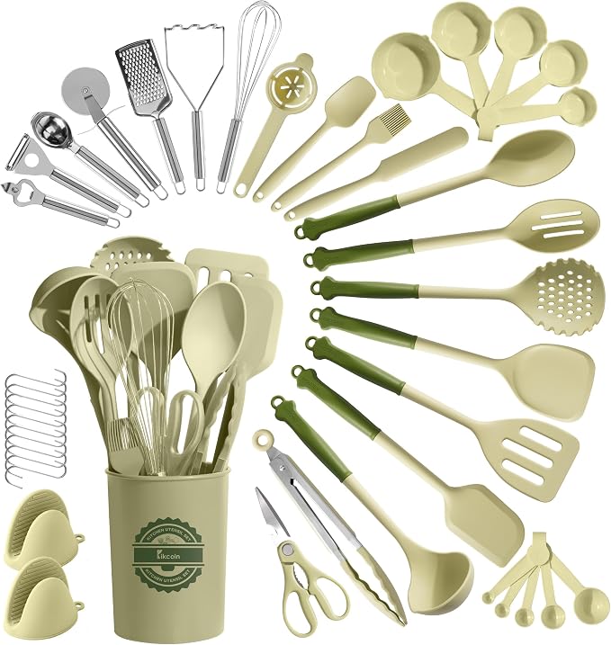 Kikcoin 43 PCS Silicone Kitchen Utensils Set, Dishwasher Safe Kitchen Cooking Utensils Set, 446°F Spatulas Silicone Heat Resistant, Non Toxic Silicone Utensils Set With Two-Tone Grip Handles, Green