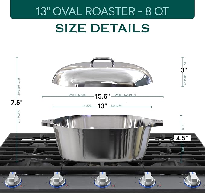 Cast Aluminum Oval Dutch Oven with Lid — 8 QT Heavy Duty Roaster Pan with Rack & Silicone Cover Dual Handles — Cajun Cookware for Roasting, Baking, Cooking (13" Medium)