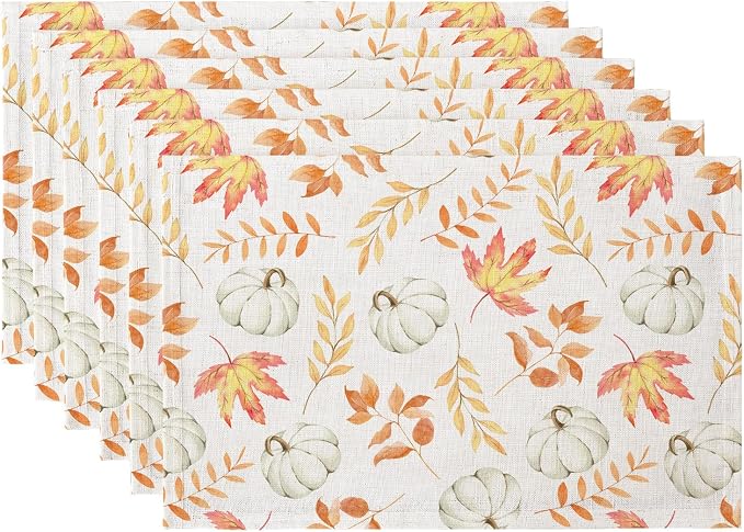 QIYI Boho Table Placemats Set of 6, 12"x18" Linen Place Mats, Maple Pumpkin | Fabric Place Mats for Kitchen Dinning, Farmhouse Rustic Cloth Table Mats, Washable Placemat Party Table Décor