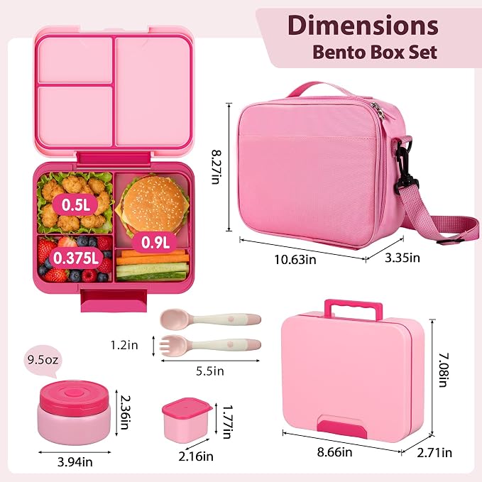 Kids Bento Lunch Box Set with 9.5oz Soup Thermo, Leak-Proof Lunch Food Containers with 3 Compartment and Removable Inner Tray, Insulated Hot Food Jar with Lunch Bag for School, Office, Pink