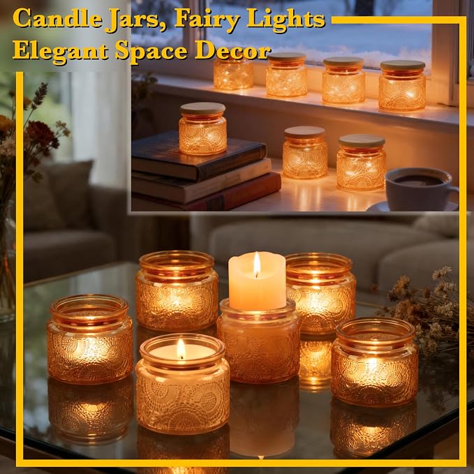 4 oz Decorative Small Glass Jars with Airtight Bamboo Lids, Orange 6 Pack | Vintage embossed color coated containers, kitchen pantry bathroom organization & decor, spices, DIY gifts, candle making