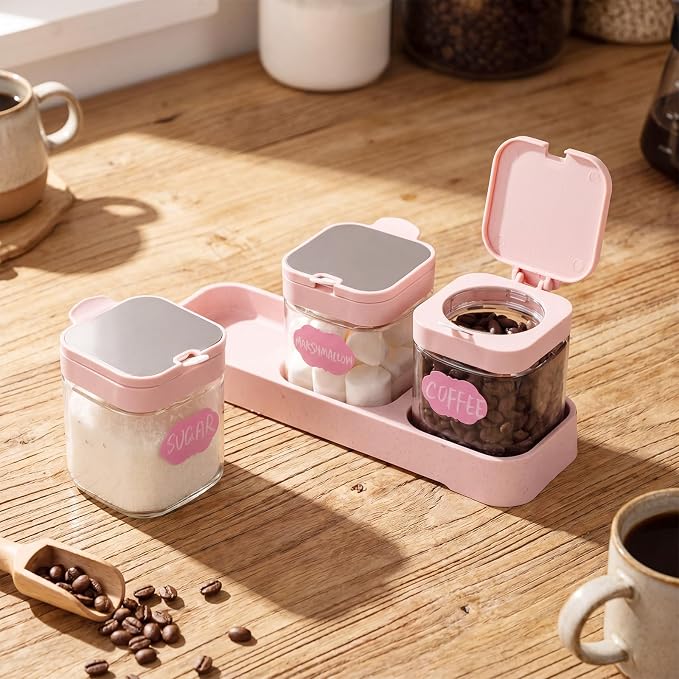 3 Pcs Glass Coffee Containers Coffee Station Organizer Set, Airtight Bean Storage Jars with Shelf,labels,spoon, Base and Pen,for Sugar, Candy, Oats, Nuts (Pink)