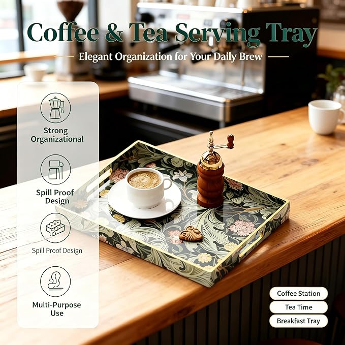 Sooyee Acrylic Serving Tray with Handles,Green Valley | Coffee Table Trays, Ottoman tray for Living Room, Bathroom, Ottoman Coffee Table, Home Decorative Tray