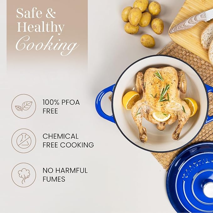 Cast Iron Pot with Lid-Non-Stick Ovenproof Enamelled Casserole Pot, Oven Safe up to 500° F-Sturdy Dutch Oven Cookware - Dark Blue, 5-Quart, 24cm by- Nuovva