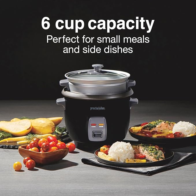 Proctor Silex Rice Cooker & Food Steamer, 6 Cups Cooked (3 Cups Uncooked) | Includes Aluminum Steam and Rinsing Basket , Measuring Cup & Spatula| Easy 1 Touch Controls | Black | 37510MN