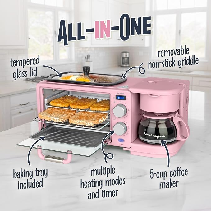 Nostalgia 3-in-1 Retro Breakfast Station - Includes 5 (4 Oz) Cup Coffee Maker, Non-Stick Ceramic Griddle, and 4-Slice Toaster Oven - Built-In Timer, Reusable Coffee Filter, Space-Saving Design - Pink