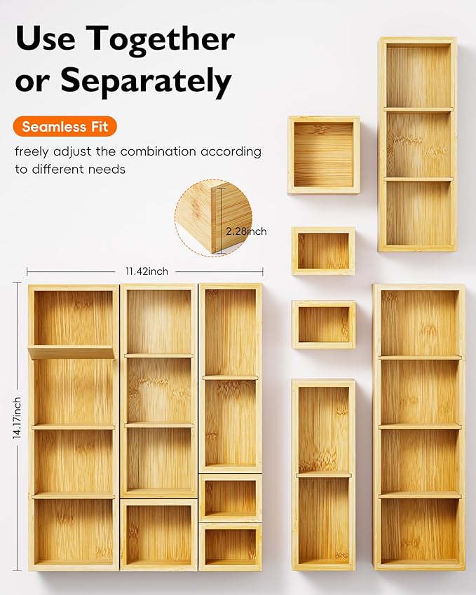 Bamboo Drawer Organizer Set, 6 PCS Trays with 12 Compartments | Natural Bamboo, Flexible Modular Trays, Water-Resistant, Stackable Design, Adjustable, Excellent Organization, Easy to Clean