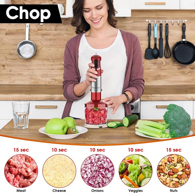 Blackcow Immersion Blender Handheld, Corded Hand Blenders Set 800W, 12 Speed Stick Blender 5 in 1 Stick Emulsifier with Chopper, Whisk and Frother for Soup, Baby Food and Smoothies, Red