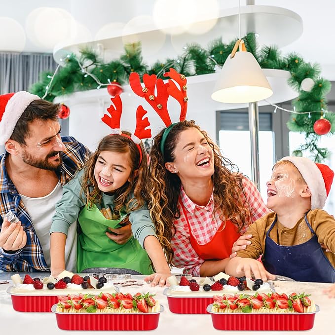 LNYZQUS Mini Loaf Pans with Lids 50 Pack, 6.8oz Small Cake Tins | Rectangle, Red, Disposable Aluminum Foil Baking Cups, Individual Containers for Christmas Party Treats