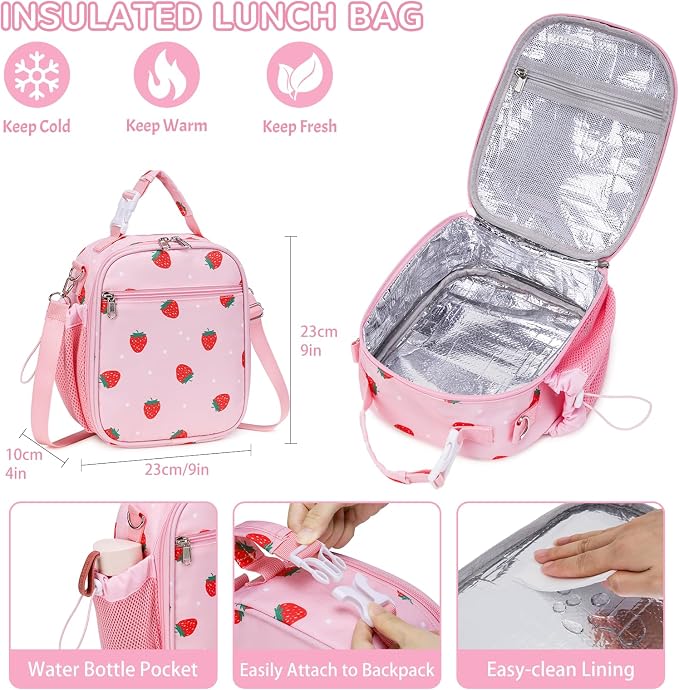 Bento Lunch Box for Kids Adult, Leakproof 3-4 Compartment Bento Box Set with Insulated Food Jar,Water Bottle, Lunch Bag, School Lunch Container for Toddler Teen Girls Boys Ages 3+(Strawberry)