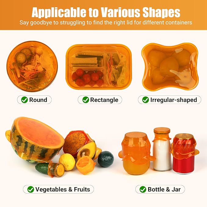 Silicone Stretch Lids for Food Storage in Fridge, Reusable Elastic Bowl Covers for Cup, Cans, Jars, Round & Rectangle Container, Food Grade Silicone Microwave Food Cover, Orange, 6PCS