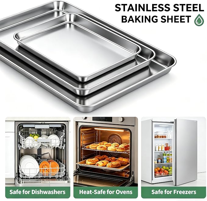 Stainless Steel Cookie Sheets for Baking Set of 3, Stainless Steel Baking Sheet, 9.3/12.5/16 Inch Sheet Pans, Non Stick, BPA Free, Dishwasher Safe, Durable and Easy Clean (Set of 3-9,12,16”)