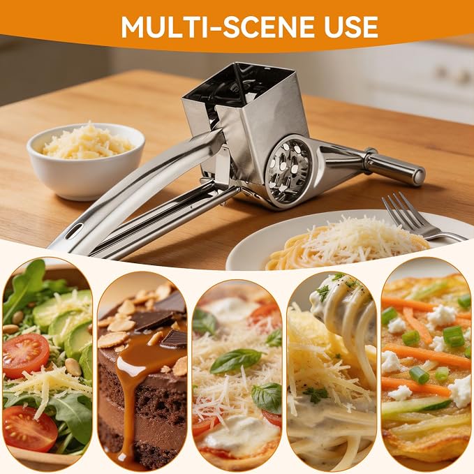 Stainless Steel Single Drum Rotary Cheese Grater, Multipurpose Rotary Cheese Grater with 3 Different Rotatable Drums for Parmesan, Mozzerella, Vegetables and More