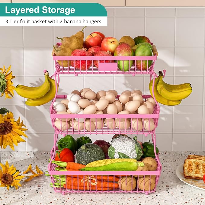 3 Tier Fruit Basket for Kitchen Counter with 2 Banana Hangers, Countertop Metal Fruit Bowl with Wooden Handle, Large Storage Stand for Vegetables, Snacks, Breads, Produce Storage – Rose Pink
