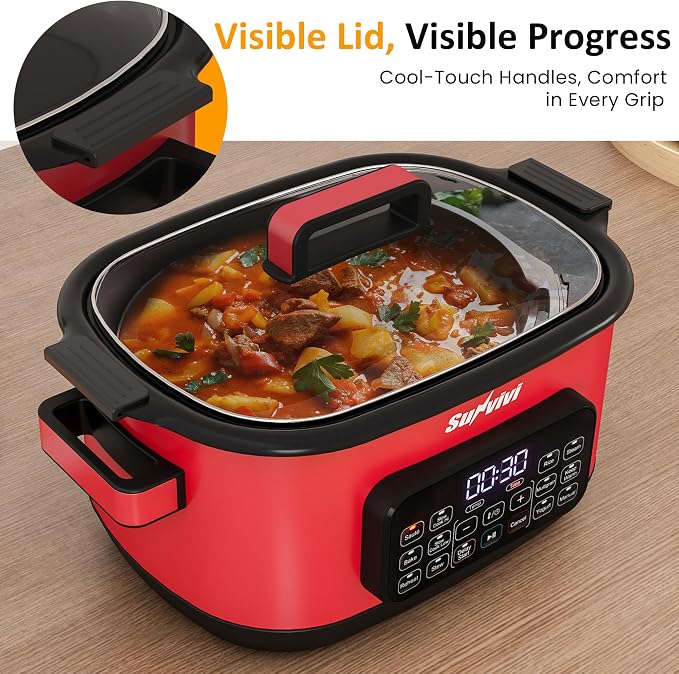 Sunvivi 12-in-1 Programmable Slow Cooker 6.5QT with Timer & Keep Warm | Multicooker with Timer & Temp Control, Dishwasher Safe Lid & Removable Nonstick Crock, Stainless Steel Rack, Red