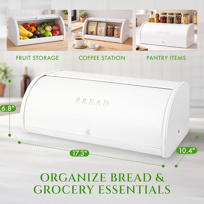 FINESSY Large Bread Box Roll Top, White Metal Bread Box For Kitchen Counter | Bread Box For Homemade Bread, Holds Two Loaves, Bagels & Muffins. White Metal Bread Box With Roll Top Lid 17.3 × 10.4 × 6.8