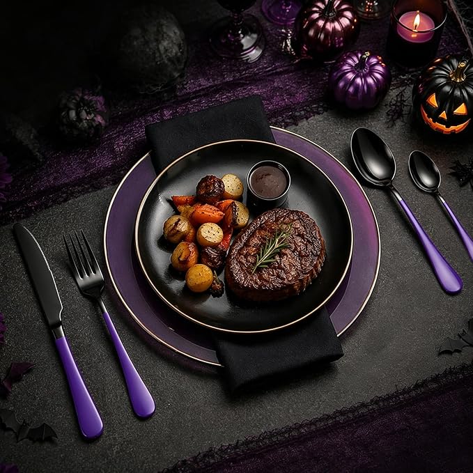 Black and Purple Flatware Set with Holder, 24-Piece Stainless Steel Silverware Set Service for 6, Mirror-Polished Spoons Forks Knives Cutlery Set for Home, Kitchen, Restaurant (Purple-Black)
