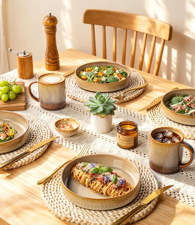 7.5" Ceramic Pasta Bowls Set of 4, Salad Bowls | Versatile Serving Bowls for Pasta, Salad, Fruit & Noodles, Housewarming & Wedding Gift, Creamy Amber