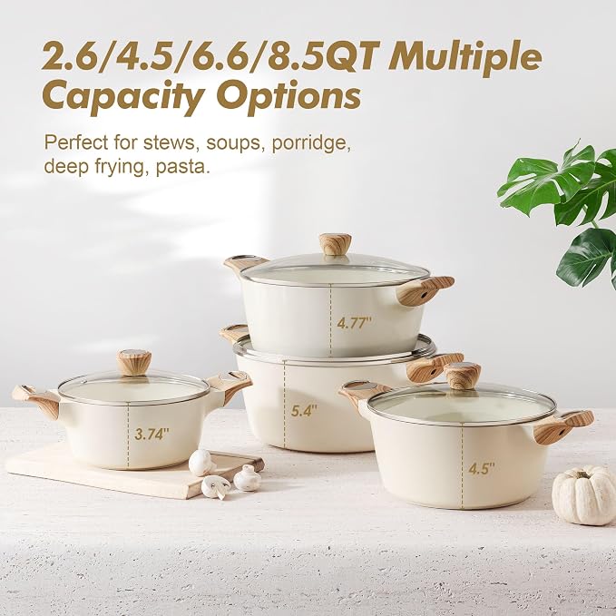 SENSARTE Ceramic Nonstick Stock Pot with Lid, 2.6/4.5/6.6/8.5/11 QT Soup Pot Casserole Pot, Non-toxic Healthy Pasta Pot, Large Cooking Pot Stew Pot, Induction Compatible, PFOA PFAS PTFE Free, White