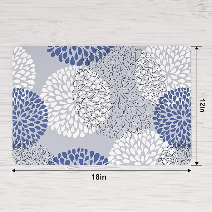 QIYI PU Leather Placemats Set of 6, 12"x18" Waterproof Table Mats, Dahlia | Faux Leather, Heat Resistant, Anti Slip, Wipeable Place Mats for Kitchen Dinning, Party Table Décor, Blue Floral Burst