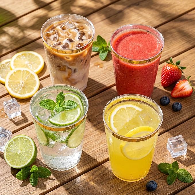 I00000 200 Pack Gold Plastic Cups, 10 oz Clear Plastic Cups Gold Rimmed Disposable Wine Glasses Fancy Disposable Party Cups Wedding Cup Drinking Tumblers Cocktail Glasses with Gold Rim