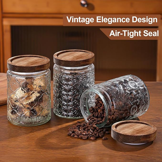 4-Pack 24 OZ Vintage Glass Jar with Lid, Airtight Food Storage Canisters with Bamboo for Kitchen Counter Pantry, Ideal for Coffee, Candy, Tea, Oats, Sugar, Cookies Decorative Jars