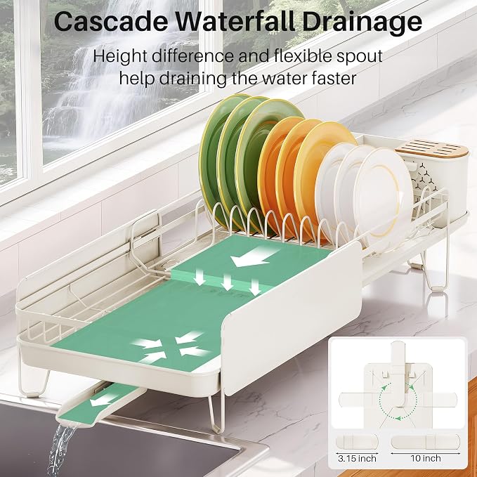 SNTD Large Dish Drying Rack for Kitchen Counter, Expandable, White | Stainless Steel Dish Drainer, Adjustable Length 18.9''-29.3'', Automatic Drainage, 360° Spout, Cutlery Holder with Knife Slot