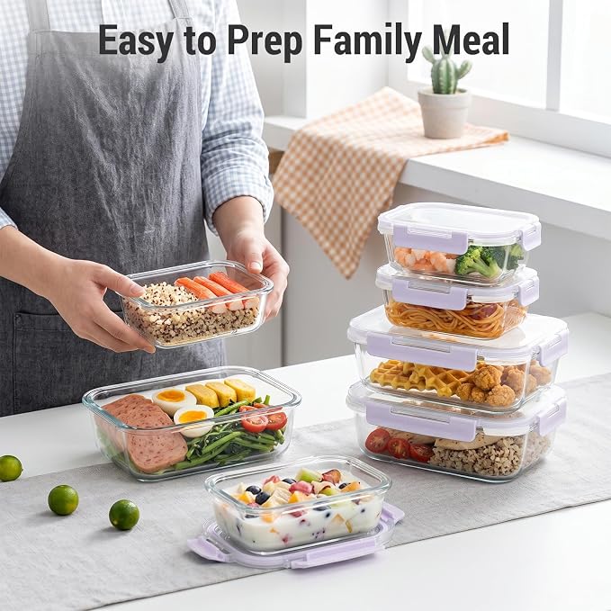 10 Sets 36 oz & 12 oz Glass Food Storage Containers with lids, Purple | 20-Piece Airtight Leak-proof Glass Meal Prep Containers with Lids, Microwave Oven Freezer Dishwasher Safe