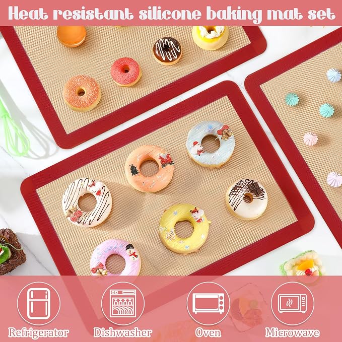 Nuanchu 8 Pieces Silicone Baking Mat Non-stick Silicone Baking Half Sheet 16.5'' x 11.6'' Silicones Cookie Sheet Easy Clean Oven Cookie Liner for Oven Making, Macaroon, Bread Pastry(Red)