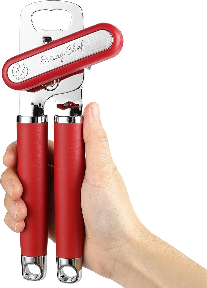 Spring Chef Stainless Steel Manual Can Opener with Soft Grip Handles, Red | Heavy Duty Hand Can Opener for Seniors with Smooth Edge, Easy Turn, 3in1 Can Opener with Magnetic Lid Remover & Bottle Opener