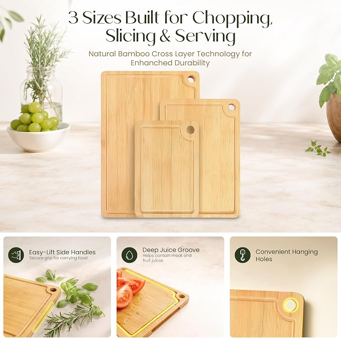 3-Piece Bamboo Cutting Boards - Groove, Handles, 15/12/9" - Natural | Bamboo boards with juice groove for prep, serving side for charcuterie