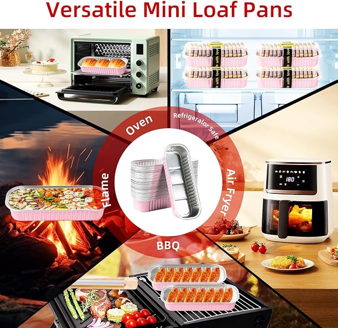 Mini Loaf Pans with Lids and Spoons Sealing Sticker,6.8oz Cake Pans for Baking Disposable Aluminum Foil Pink/Red cake pan (30, Pink)