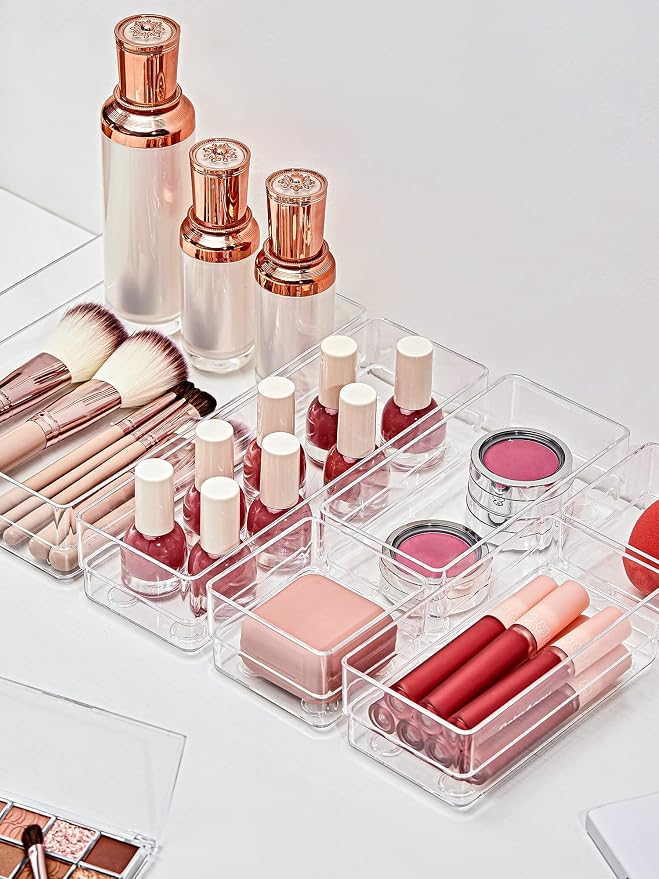 SMARTAKE 29 PCS Drawer Organizer, 4-Size Desk Bathroom Drawer Organizer | 4-Size Storage Tray with Non-Slip Silicone Pads for Makeup, Jewelries, Utensils in Bedroom Dresser, Office and Kitchen Clear