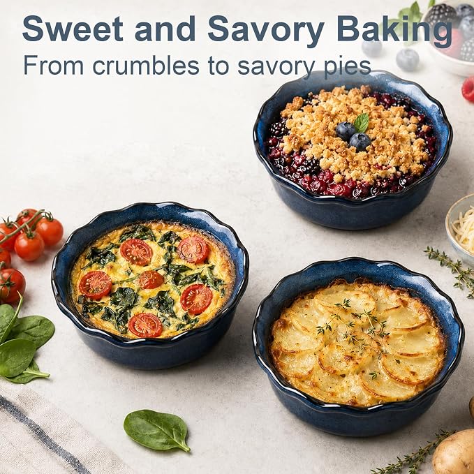 ONEMORE 6 Inch Ceramic Mini Pie Pans Set of 4, Deep Dish Pie Plates with Fluted Edges, Blue Gradient Small Baking Dishes for Pot Pies, Quiche, Tarts and Individual Desserts, Oven Safe