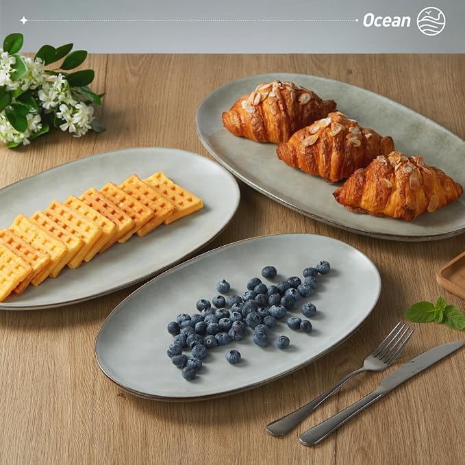 famiware Serving Platters Set of 3 Sizes - Oval, Grey | 15.59"/14.3"/12.9" Fine Stoneware Serving Trays for Party, Entertaining for Food, Turkey, Cheese, Microwave Dishwasher Safe