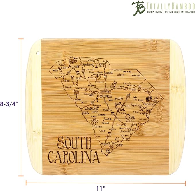 Totally Bamboo A Slice of Life South Carolina Engraved Map Cutting Board | 11” x 8.75” charcuterie board with engraved state map artwork. Smooth reverse side for food prep. Hang tie for wall display.