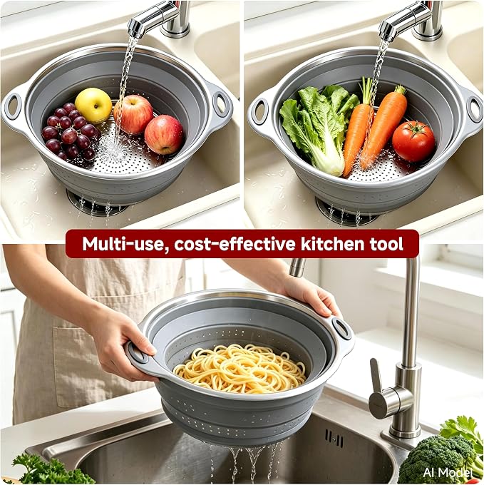 Mejoncb Collapsible Colander – Platinum Silicone Strainer with Stainless Steel Base, BPA-Free & Heat Resistant Kitchen Drain Basket (Gery)