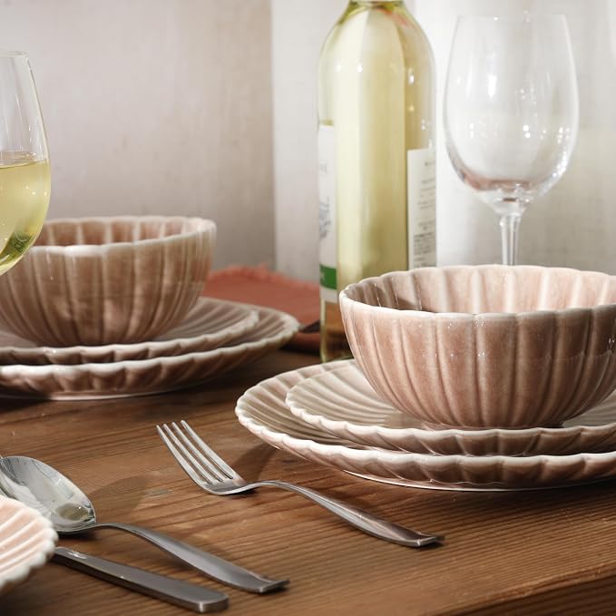 Gibson Elite Peach Orchard 12-Piece New Bone China Dinnerware Set Service for 4, Embossed Fluted Plates and Bowls, Dishwasher and Microwave Safe, Mauve Rose