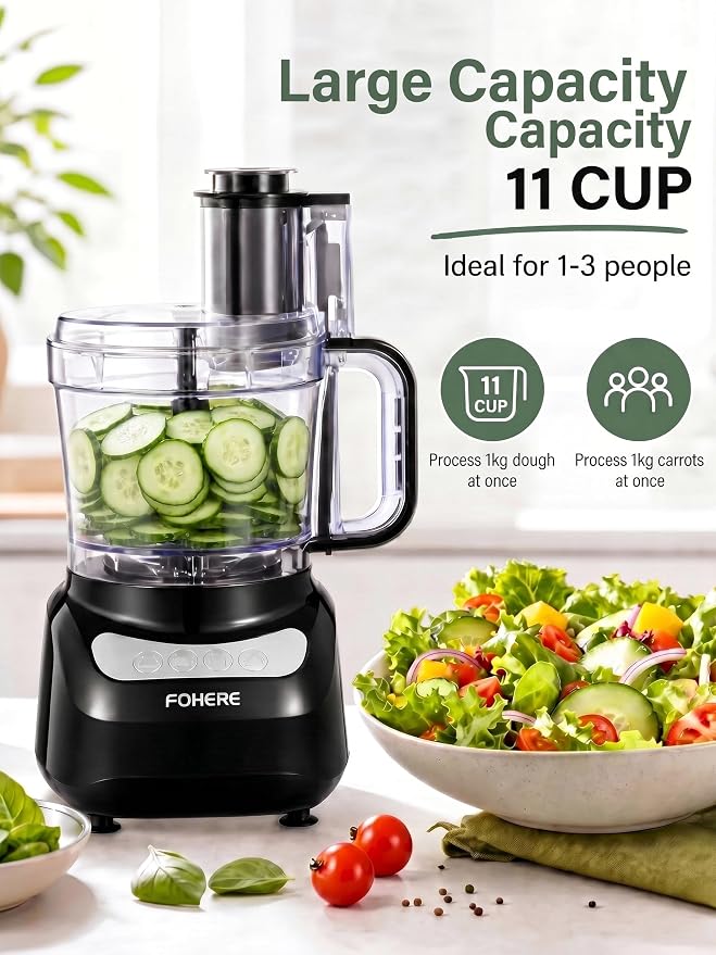 FOHERE Food Processor 11 CUP, 2-in-1 Large Feed Chute Vegetable Chopper | Stainless Steel S-Blade, Reversible Shredding Disc and Dough Blade, for Mincing, Dicing, Shredding, Puree, Kneading