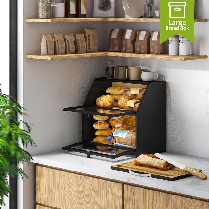 BMOSU Bread Box with Cutting Board Kitchen Bread Storage Organizer Farmhouse Countertop Double Bamboo Wood Bread Box(Black)