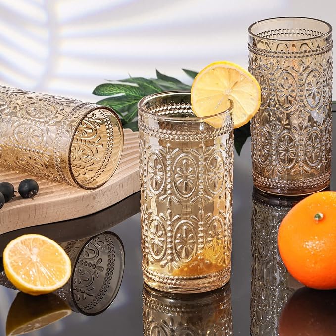 Darlion Amber Drinking Glasses, Vintage Glassware, 12oz Highball Glasses | Lead-Free Glass, Food Grade Glass, Durable&Sturdy, Vintage Decoration