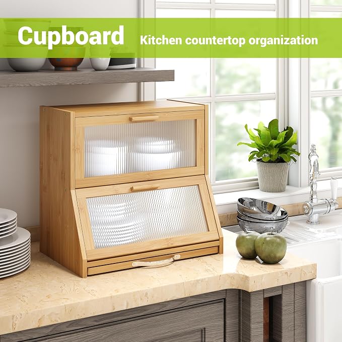 BMOSU Double-Layer Large Bread Box with Cutting Board for Kitchen Countertop Bread Box With Frosted Glass Window Bamboo(Natural)