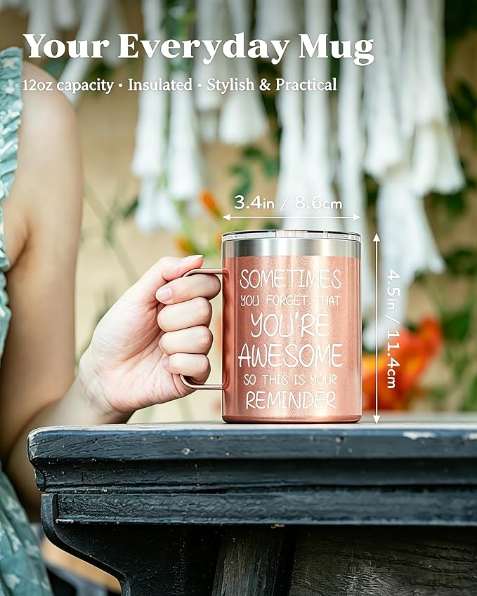 Inspirational Coffee Mug for Women, 12oz Insulated Stainless Steel Mug with Handle & 2 Lids – Sometimes You Forget You’re Awesome, Birthday & Appreciation Gift for Mom, Friend, Rose Gold